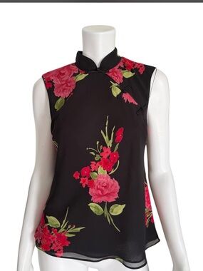 Studio I Black Floral Mandarin Collar Sleeveless Blouse Top Size 6 Black